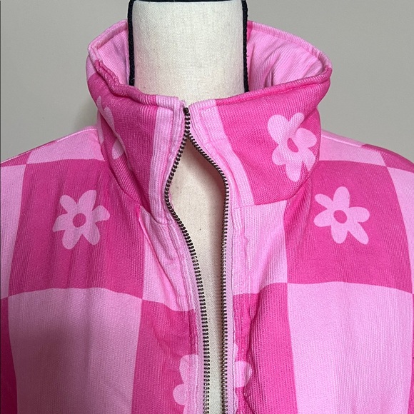 Floral Pink Checkered Women's Puffer Jacket - Picture 7 of 11